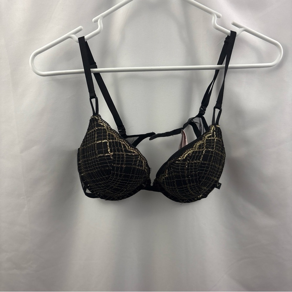 Victoria’s Secret Mesh & Plaid  Lace Push Up Bra 36C Black Gold Shine